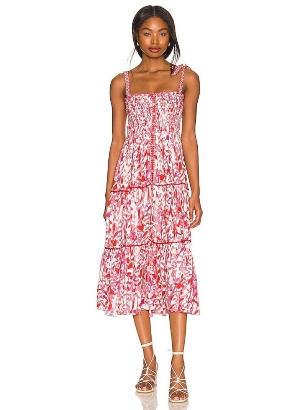 POUPETTE ST BARTH TRINY DRESS red XS midi floral smocked beach tiered summer